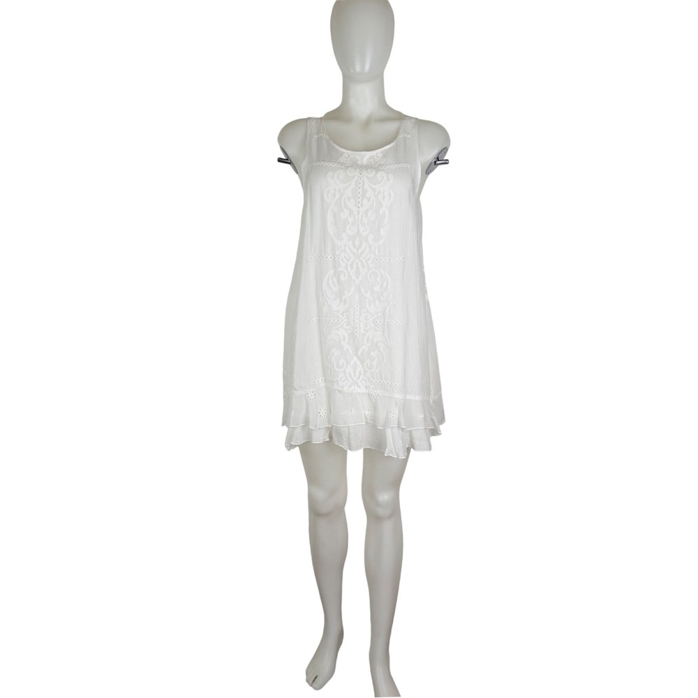 Johnny Was White Embroidered Eyelet Ruffle Mini Dress Sleeveless Rayon Medium